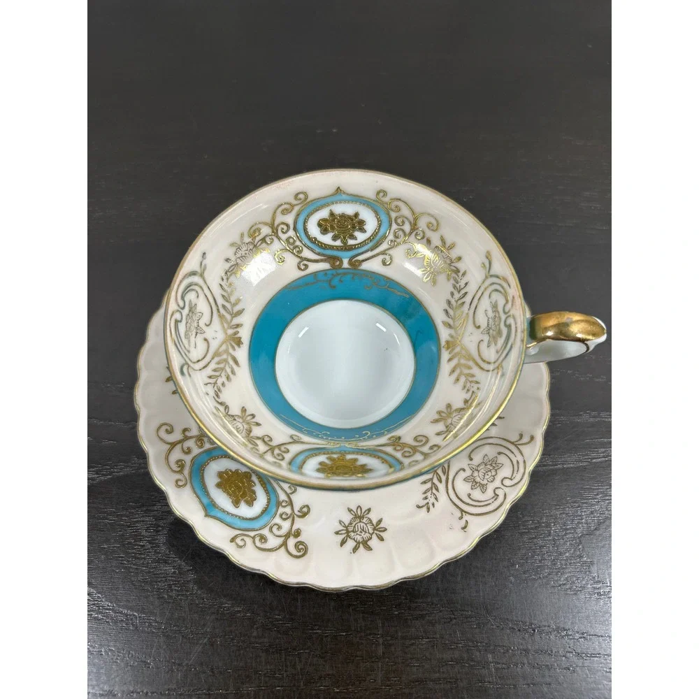 Vintage Ucagco China Teacup Saucer Set Turquoise Gold Gilt Hand Painted Japan